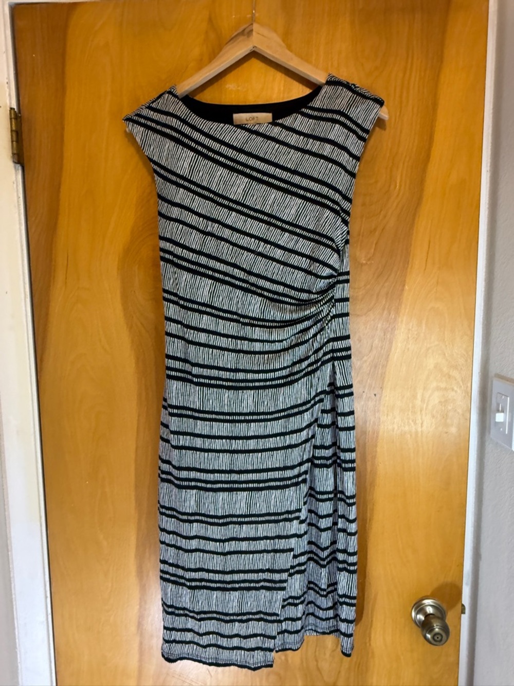 LOFT Black and White Striped Midi Sheath Dress